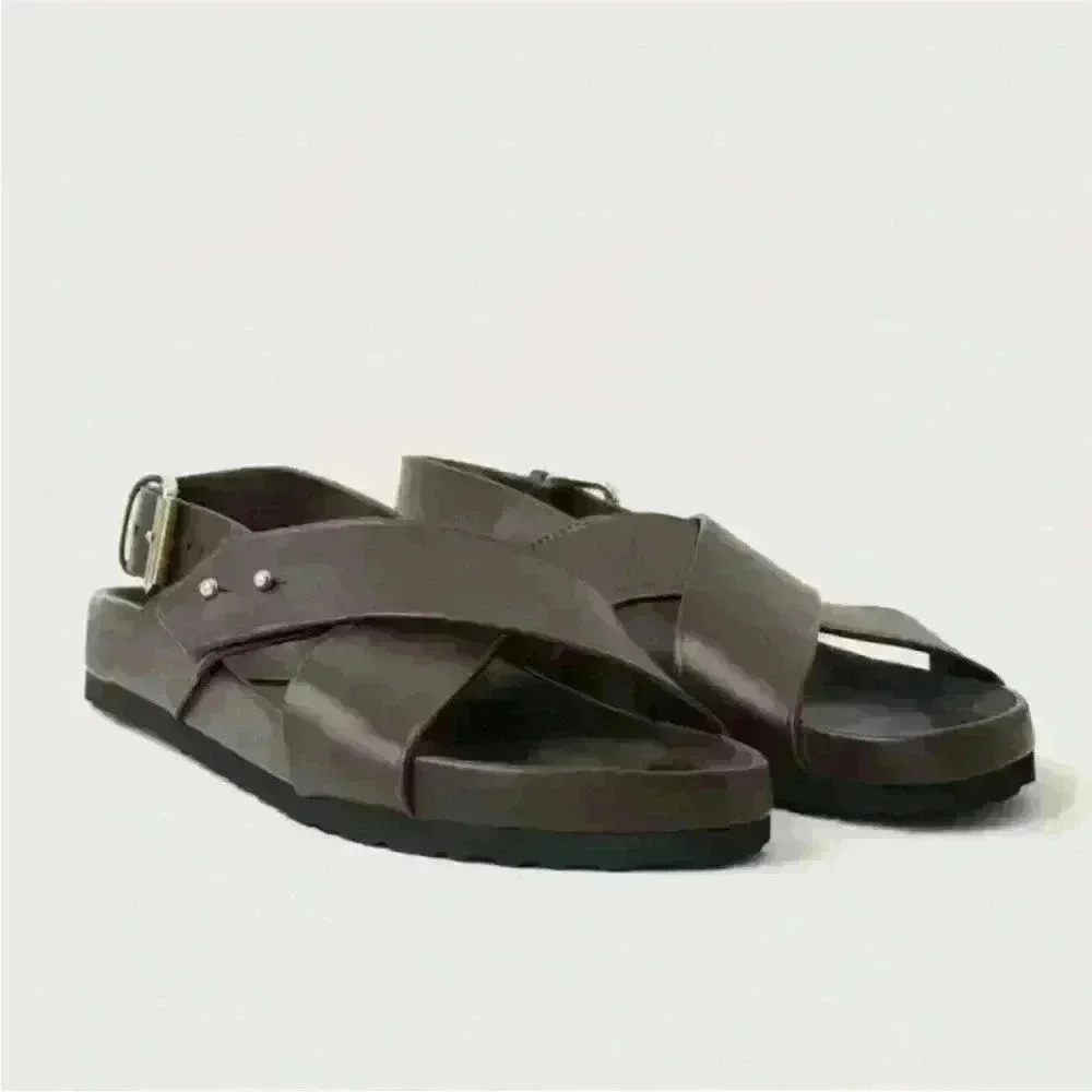 soeur Brown Leather Crisscross Strap Sandals